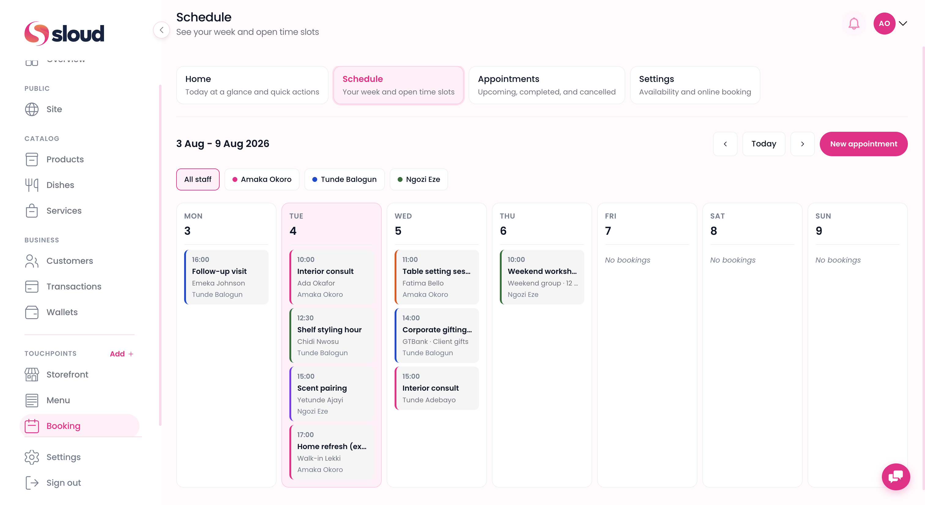 Sloud Booking schedule showing appointments and availability