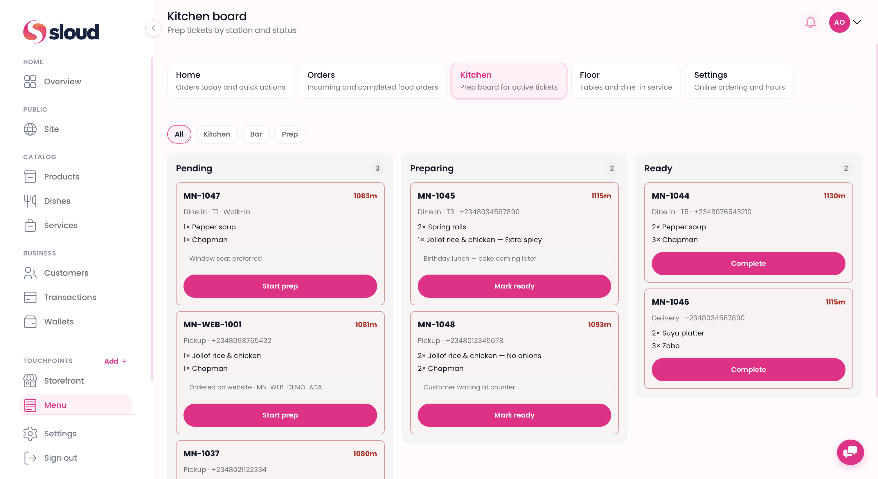 Sloud Menu orders list showing food tickets and status