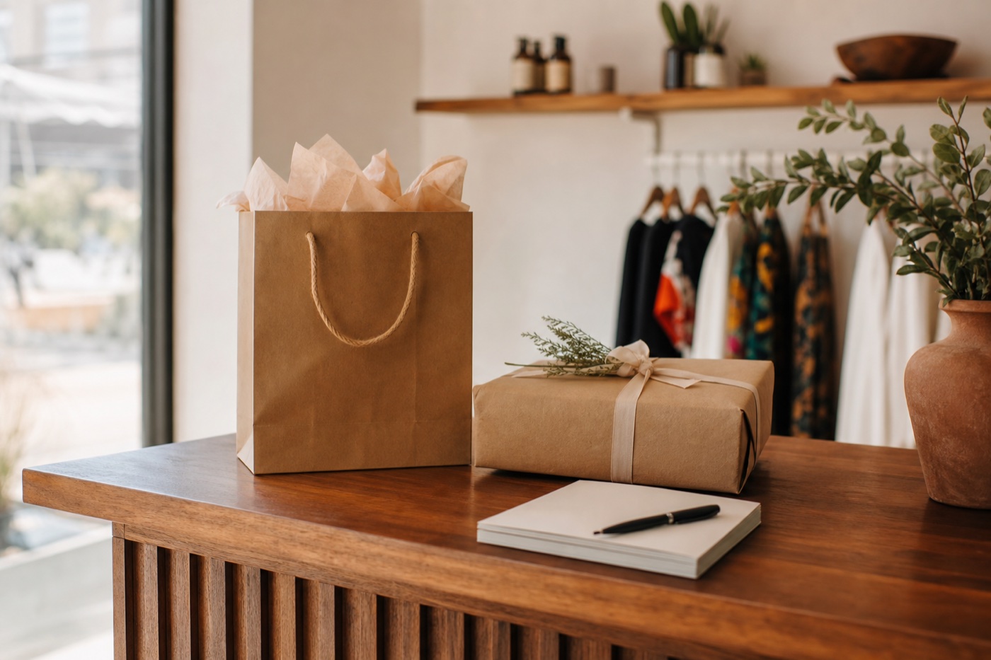 Boutique checkout counter with wrapped parcel, bag, and receipt pad