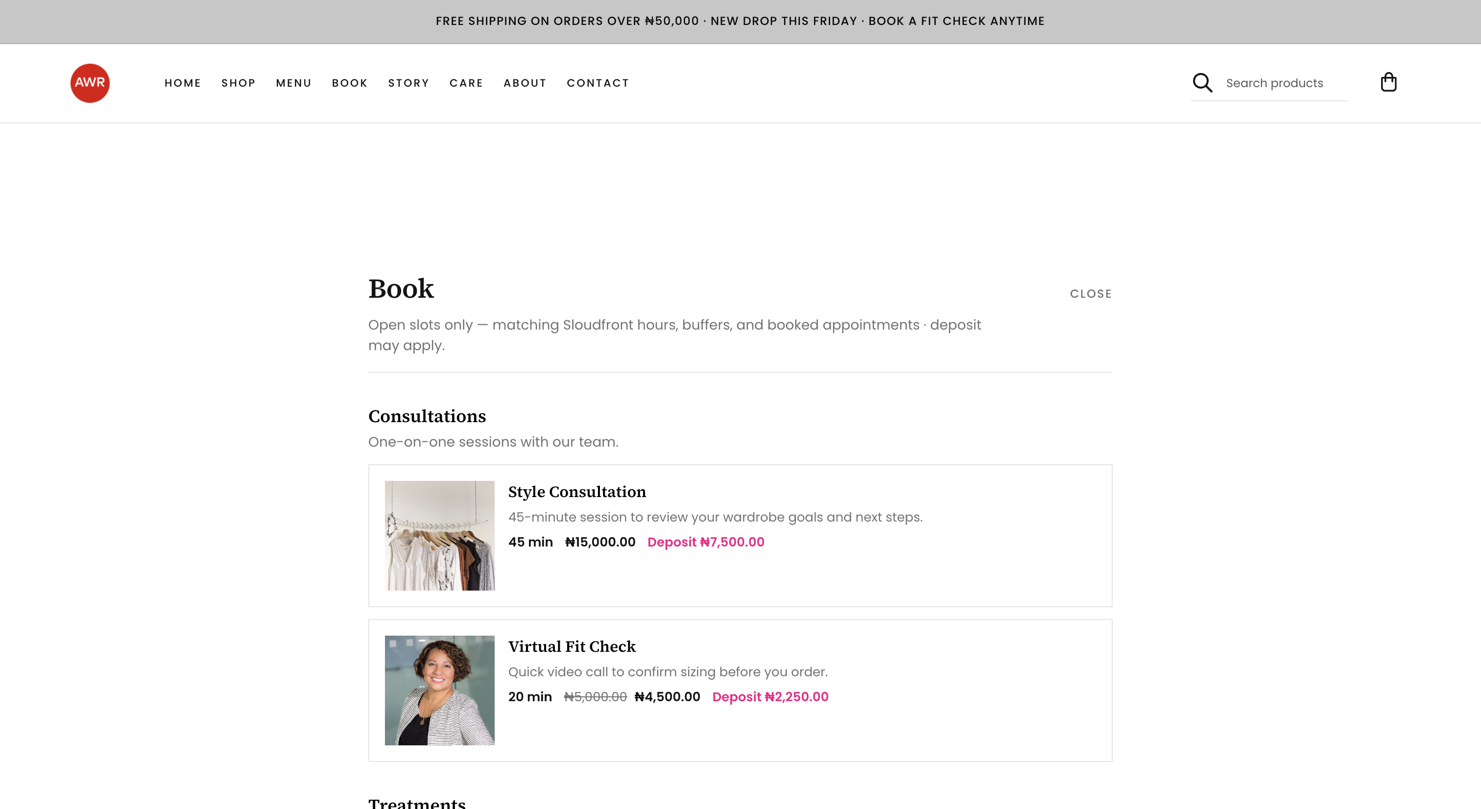 Sloud Site Book module showing services customers can schedule online