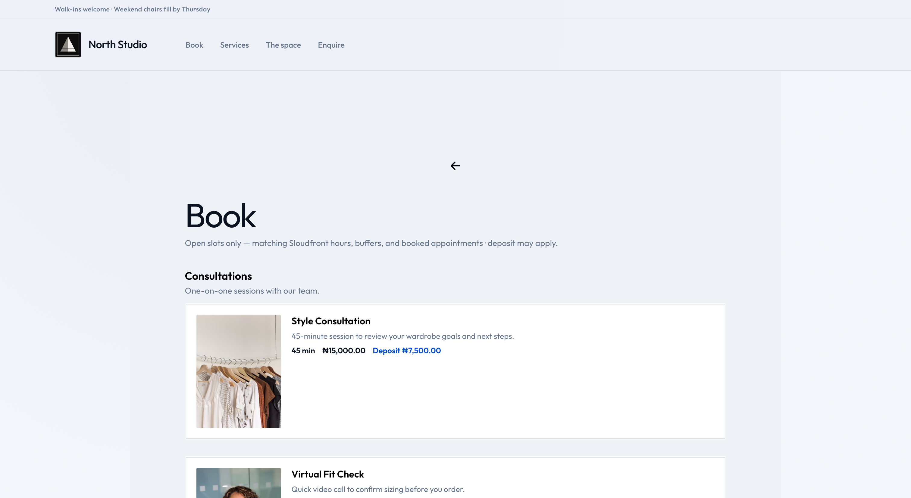 Sloud Site Book module showing services customers can schedule online