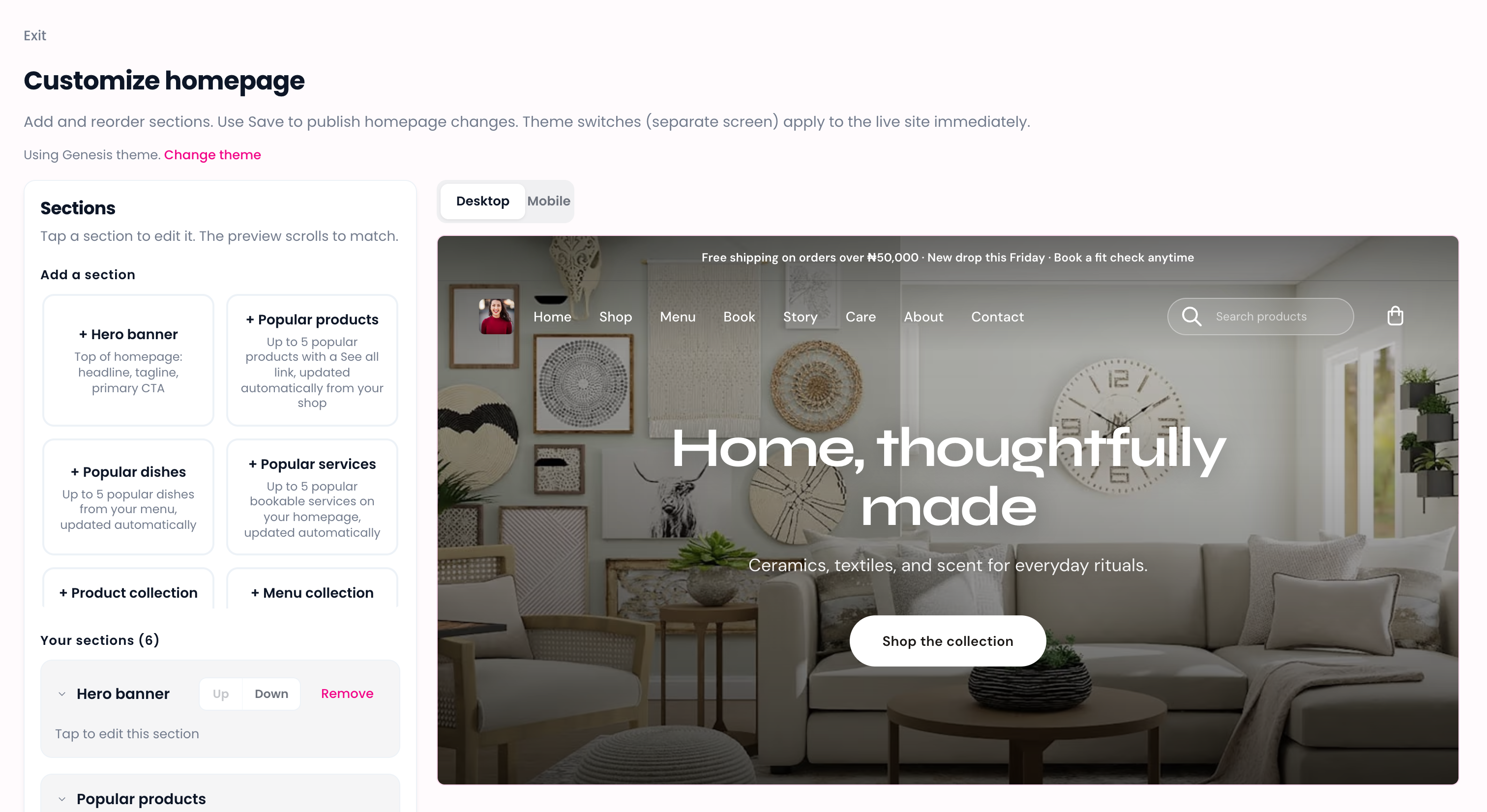 Sloud Site customize editor with homepage sections and live preview