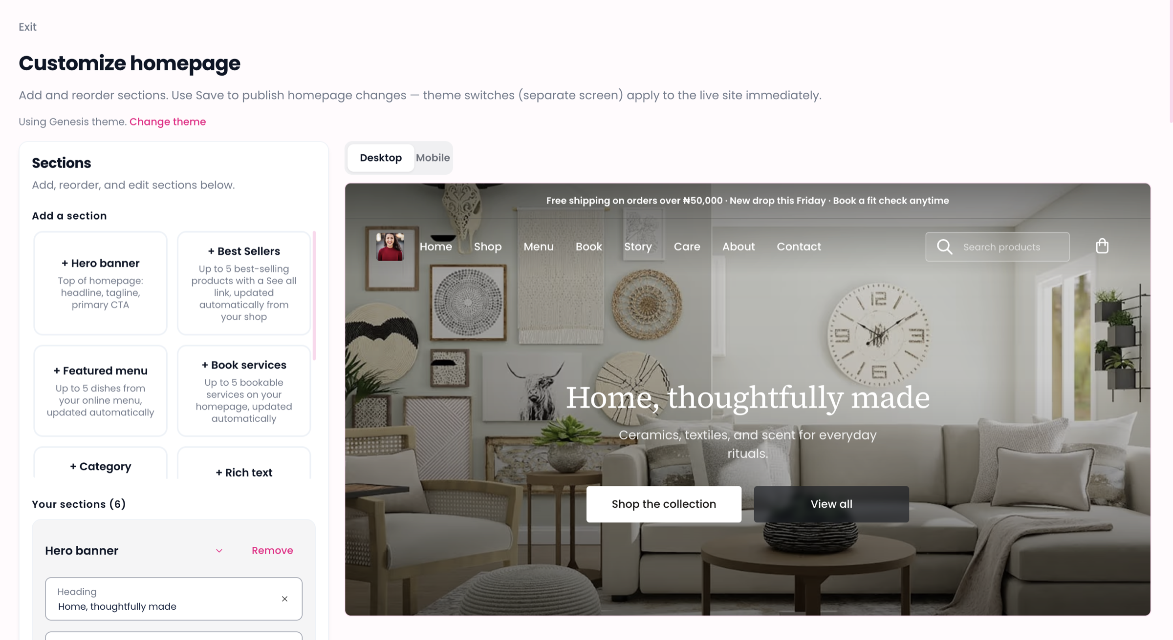 Sloud Site customize editor with homepage sections and live preview