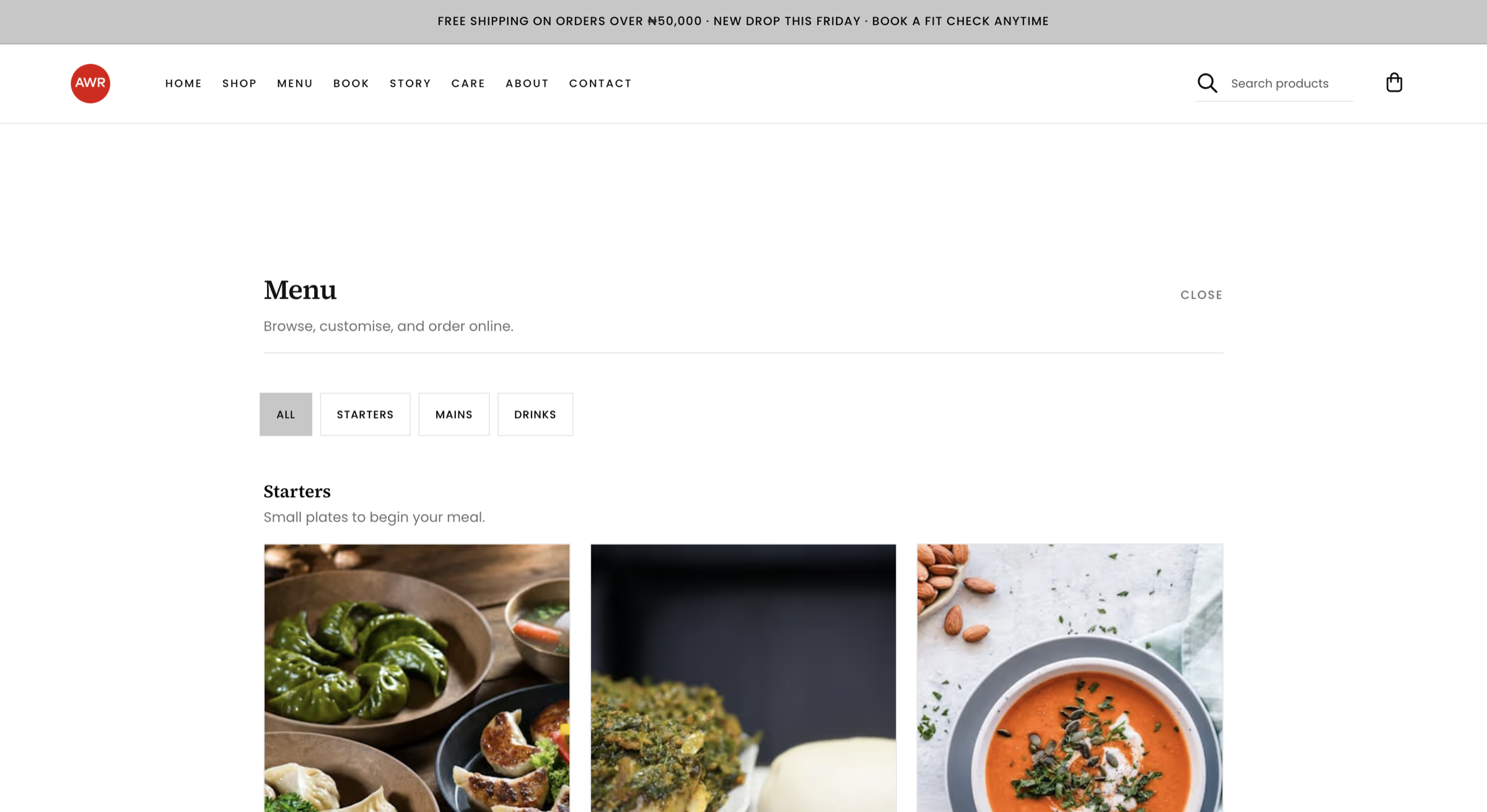 Sloud Site Menu module showing dishes for online food ordering