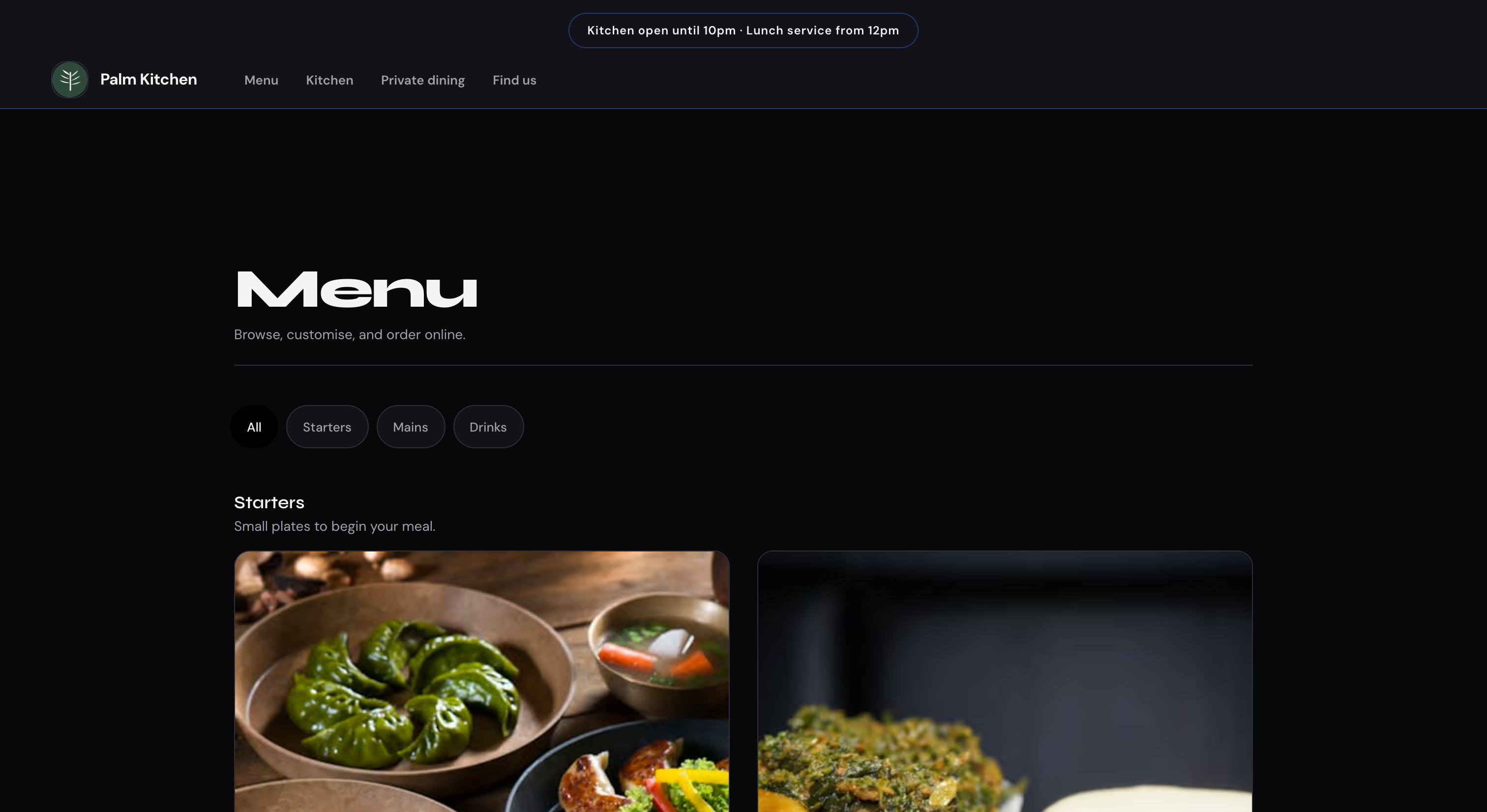 Sloud Site Menu module showing dishes for online food ordering