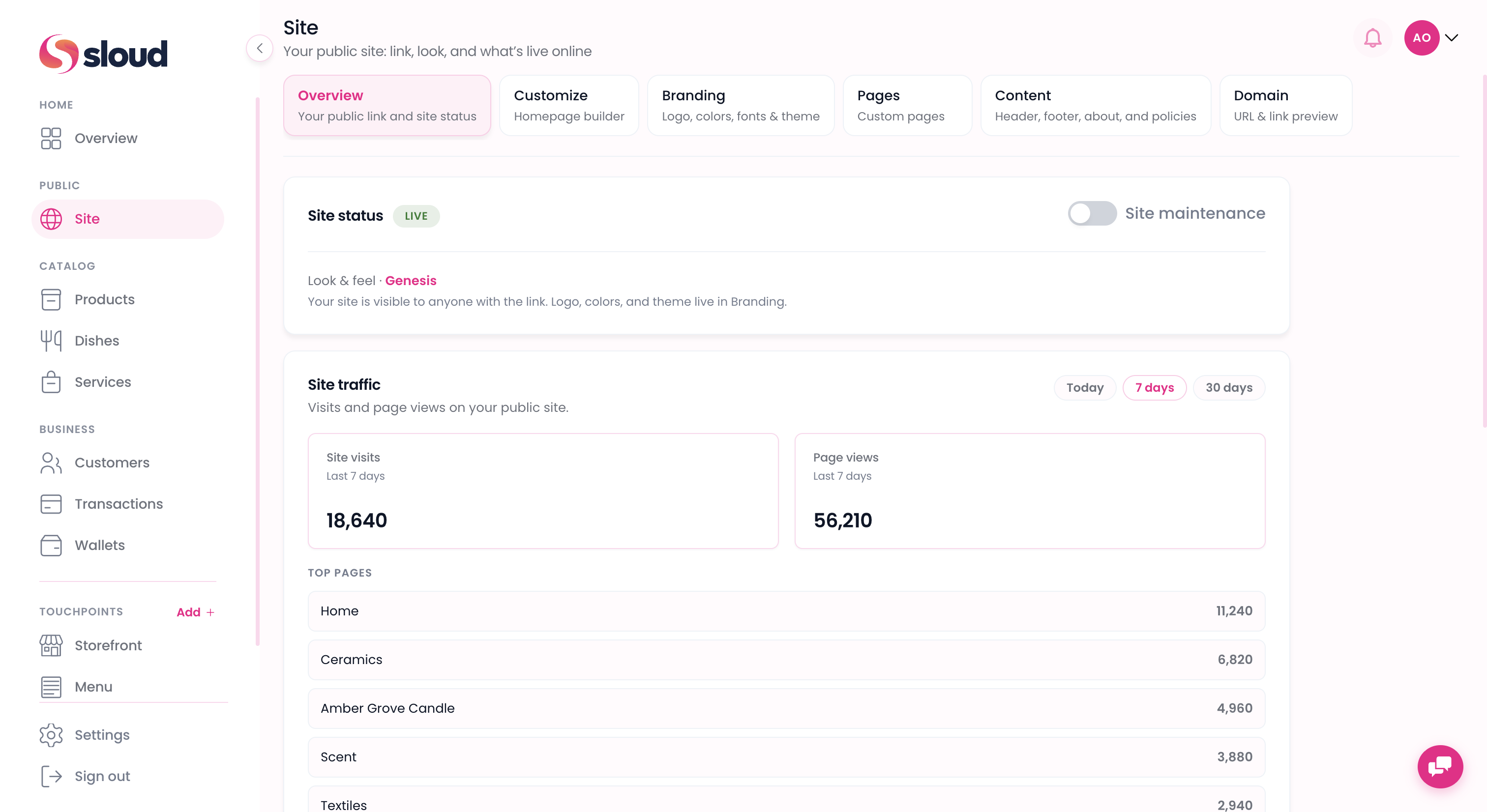 Sloud Site overview with live status, public URL, and module controls