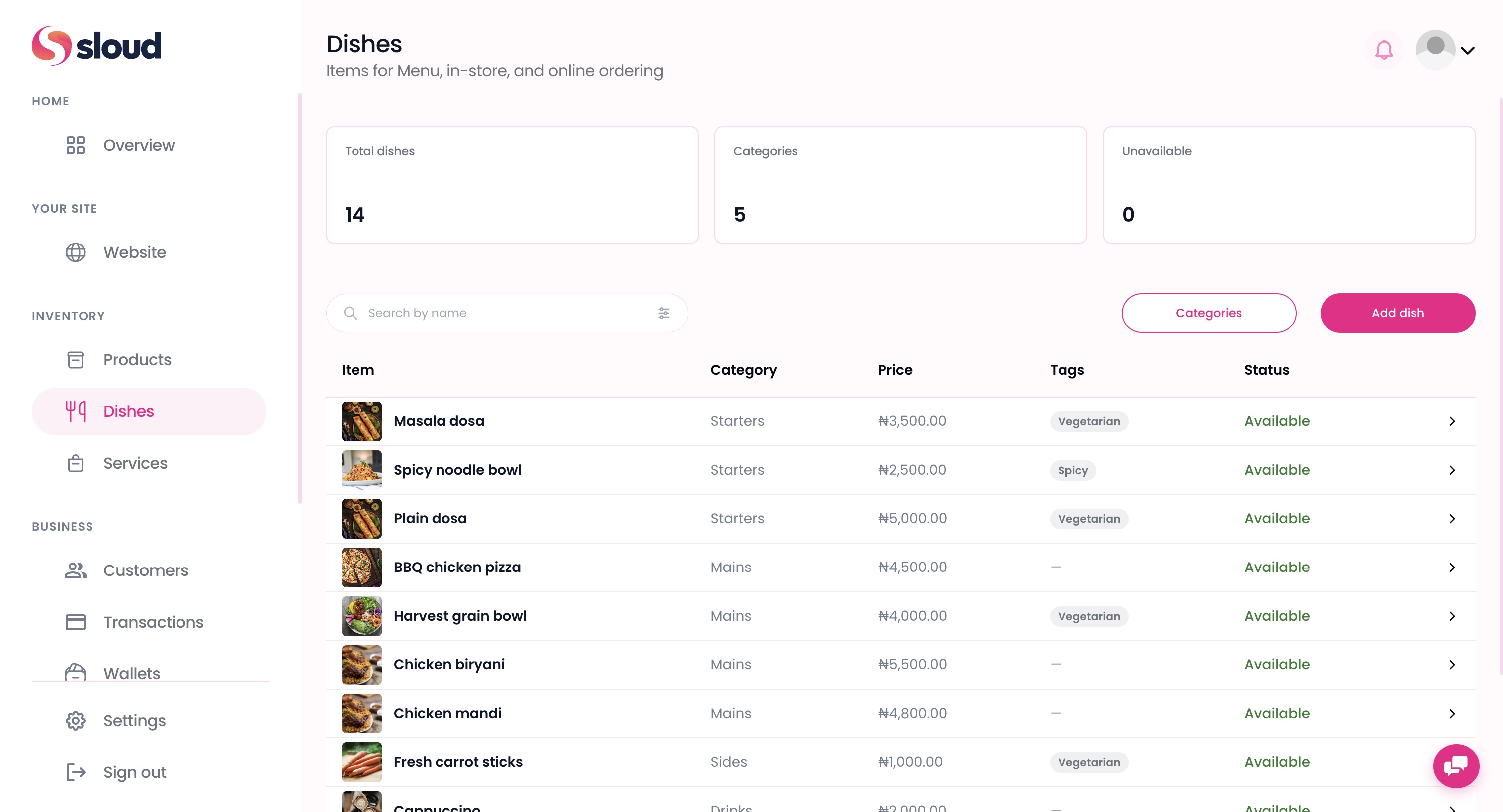 Sloud catalog page with products, dishes, services, and collections