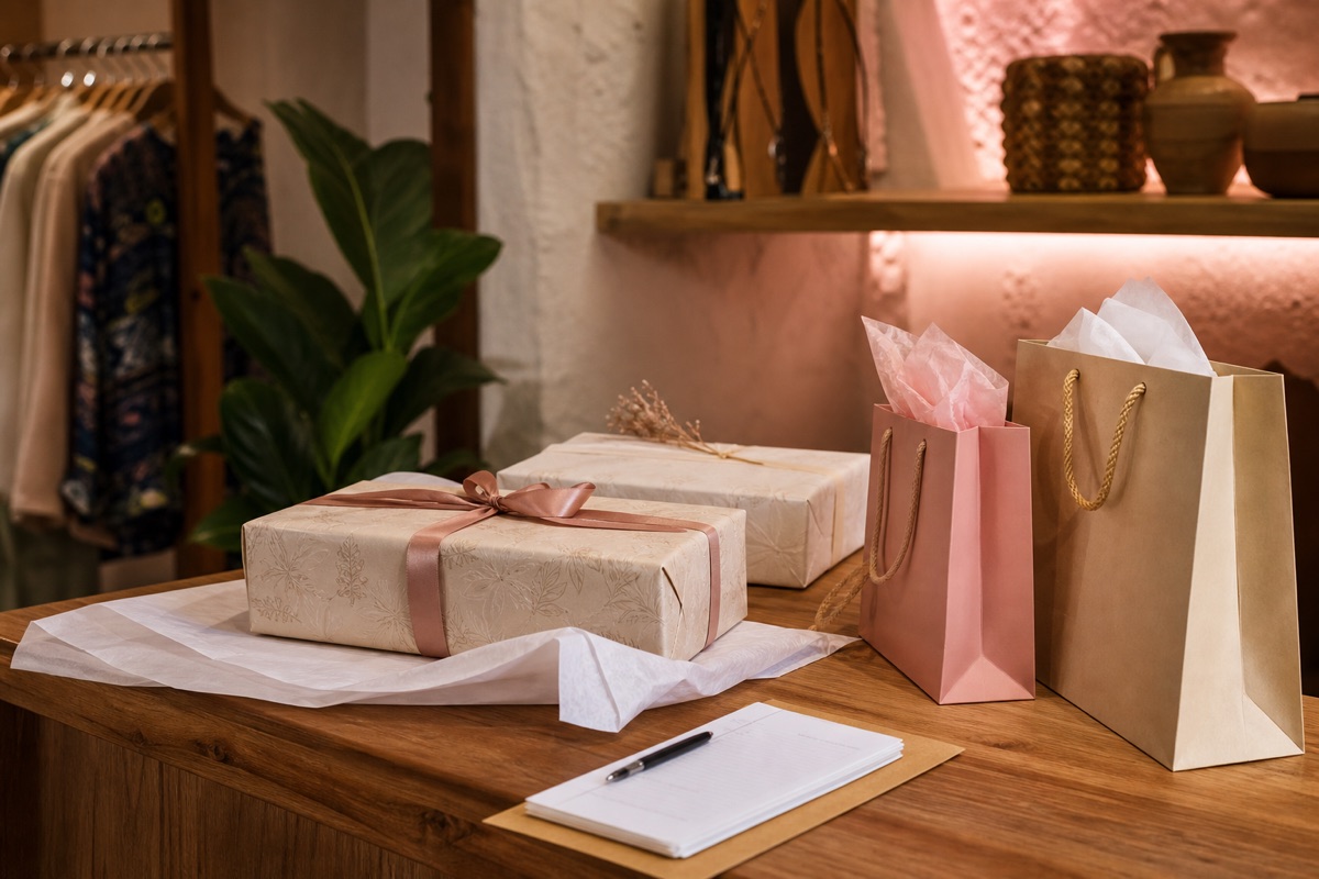 Shop counter with wrapped parcels, bags, and packing materials