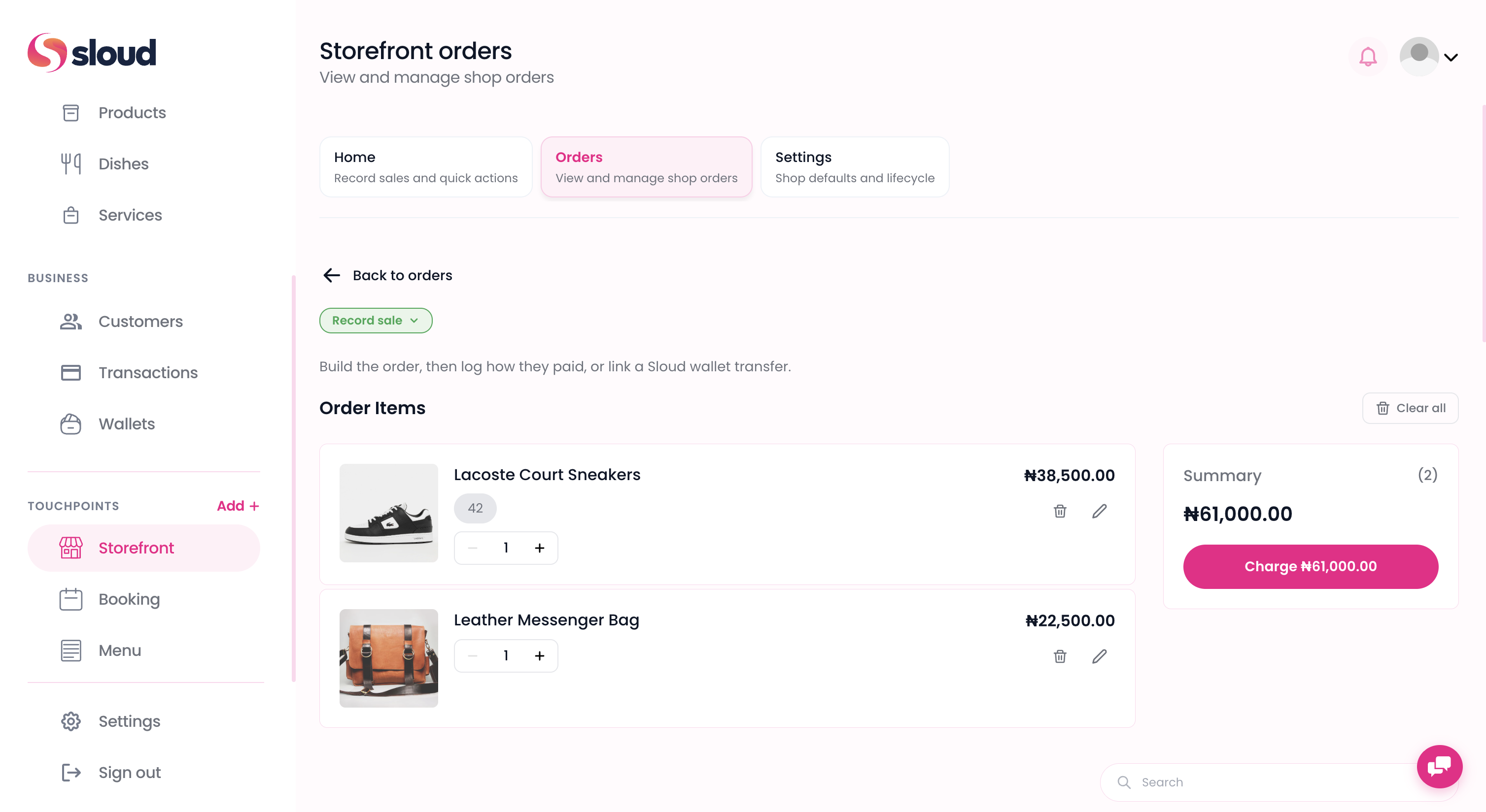 Sloud Storefront screen for recording a sale