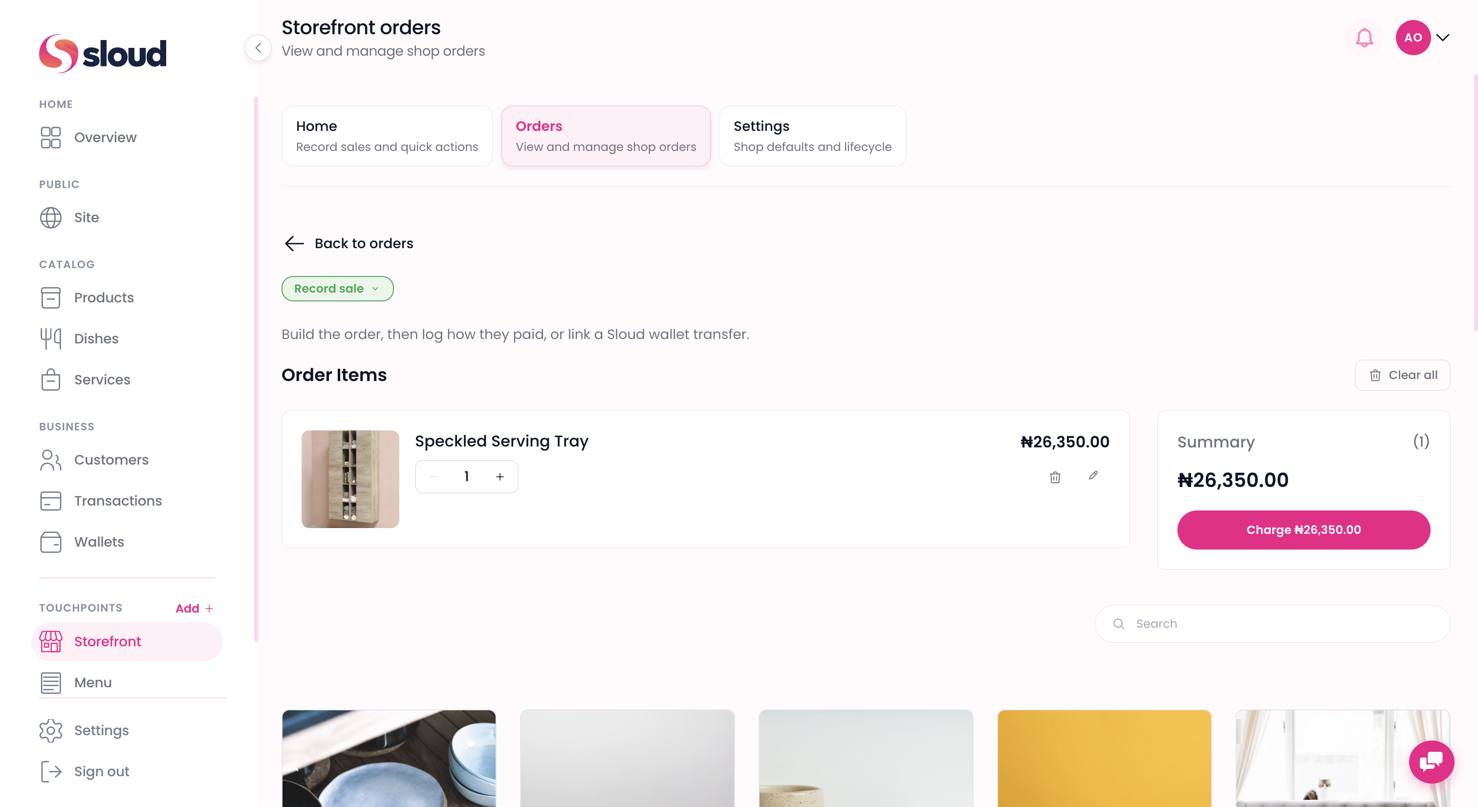 Sloud Storefront screen for recording a sale